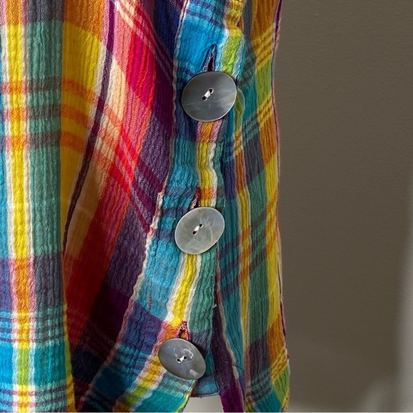 Soft Surroundings Kona Shores Rainbow Plaid Gauze Cotton Button Up Shirt - Picture 8 of 11